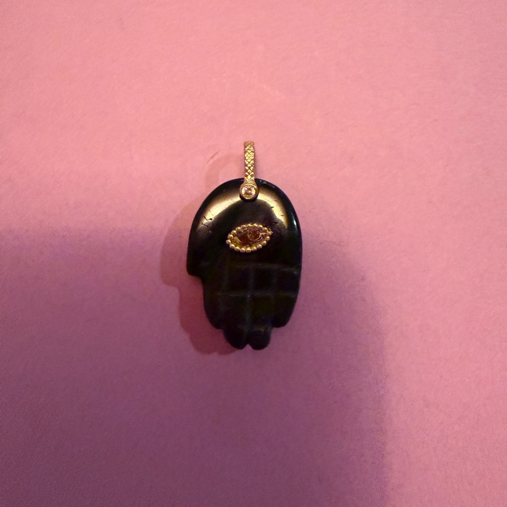 Black Hamsa Hand Pendant Necklace with Gold Accent